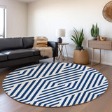 8' Navy Blue And Ivory Geometric Washable Round Rug With UV Protection - HomeRoots - Flyclothing LLC
