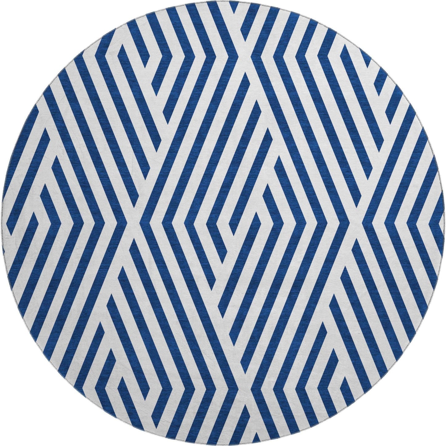 8' Navy Blue And Ivory Geometric Washable Round Rug With UV Protection - HomeRoots - Flyclothing LLC