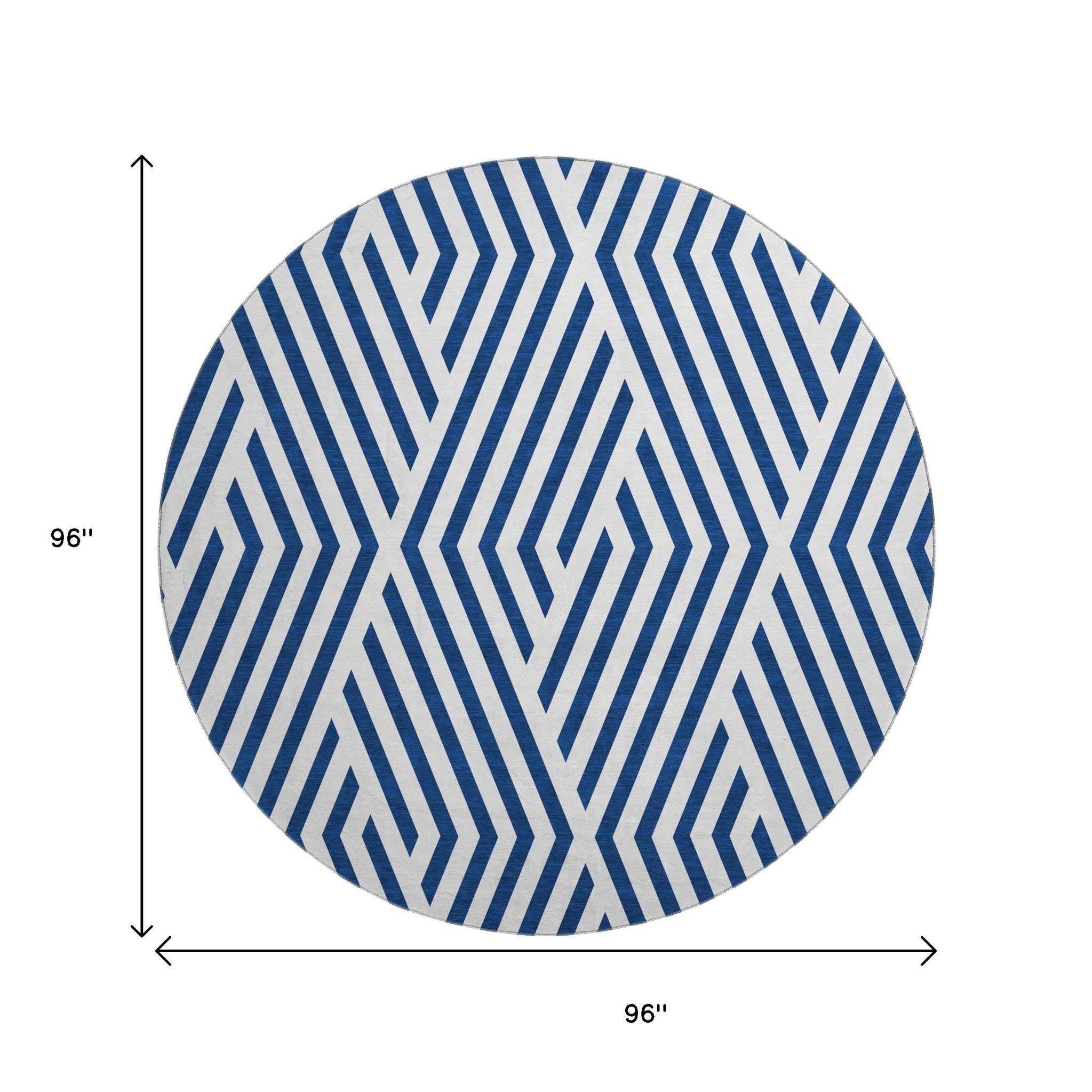 8' Navy Blue And Ivory Geometric Washable Round Rug With UV Protection - HomeRoots - Flyclothing LLC