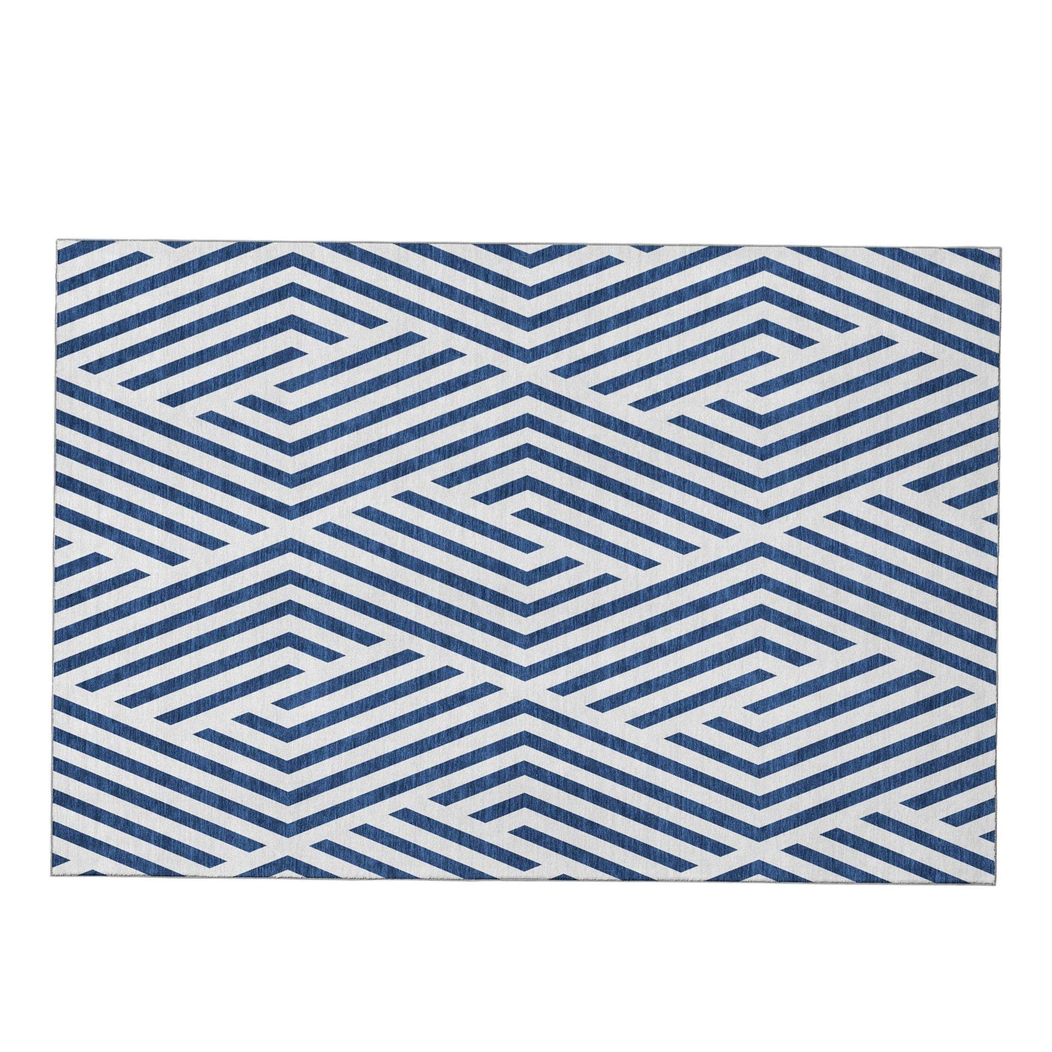 8' X 10' Navy Blue And Ivory Geometric Washable Area Rug With UV Protection - HomeRoots - Flyclothing LLC