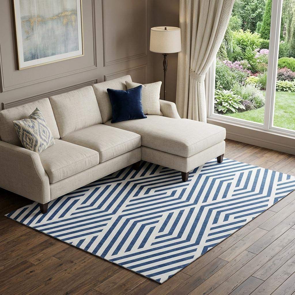 8' X 10' Navy Blue And Ivory Geometric Washable Area Rug With UV Protection - HomeRoots - Flyclothing LLC