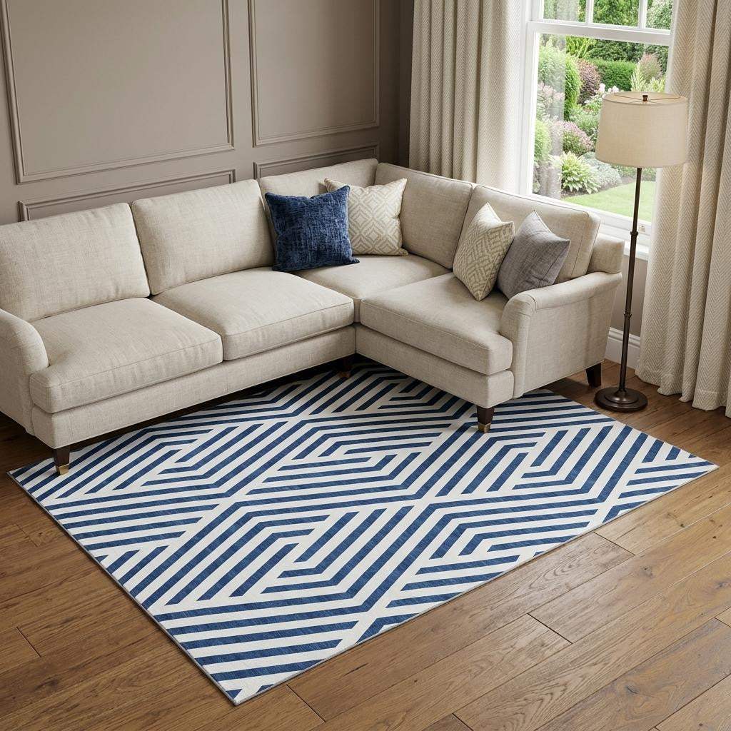 9' X 12' Navy Blue And Ivory Geometric Washable Area Rug With UV Protection - HomeRoots - Flyclothing LLC