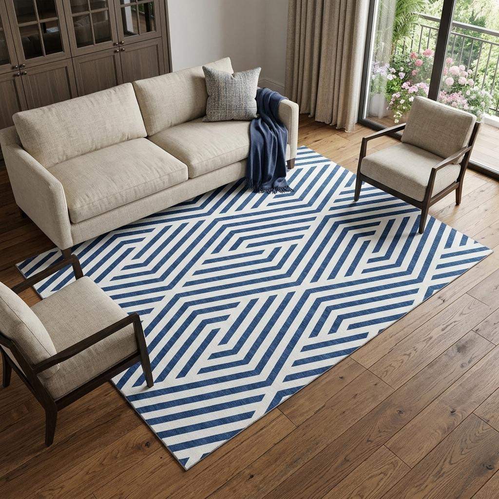 10' X 14' Navy Blue And Ivory Geometric Washable Area Rug With UV Protection - HomeRoots - Flyclothing LLC