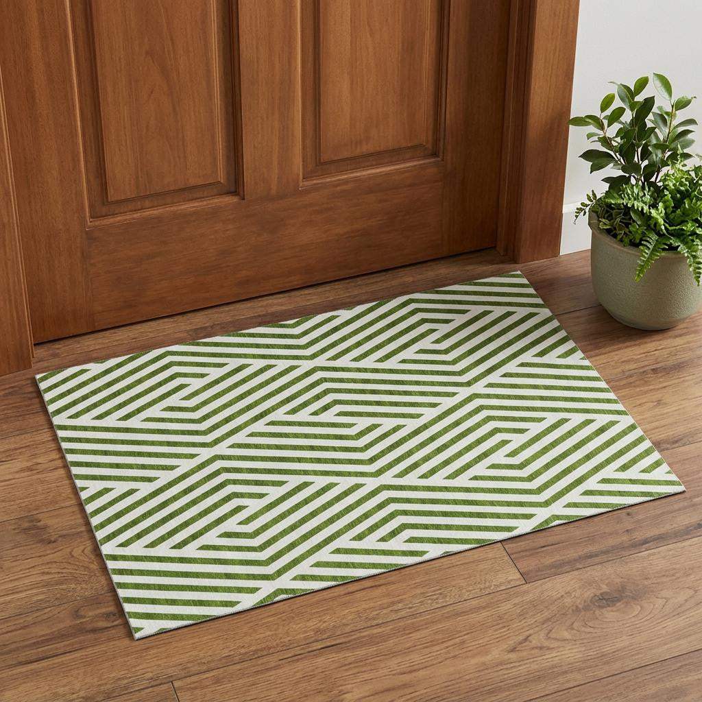 3' X 5' Olive Green And Ivory Geometric Washable Area Rug With UV Protection - HomeRoots - Flyclothing LLC
