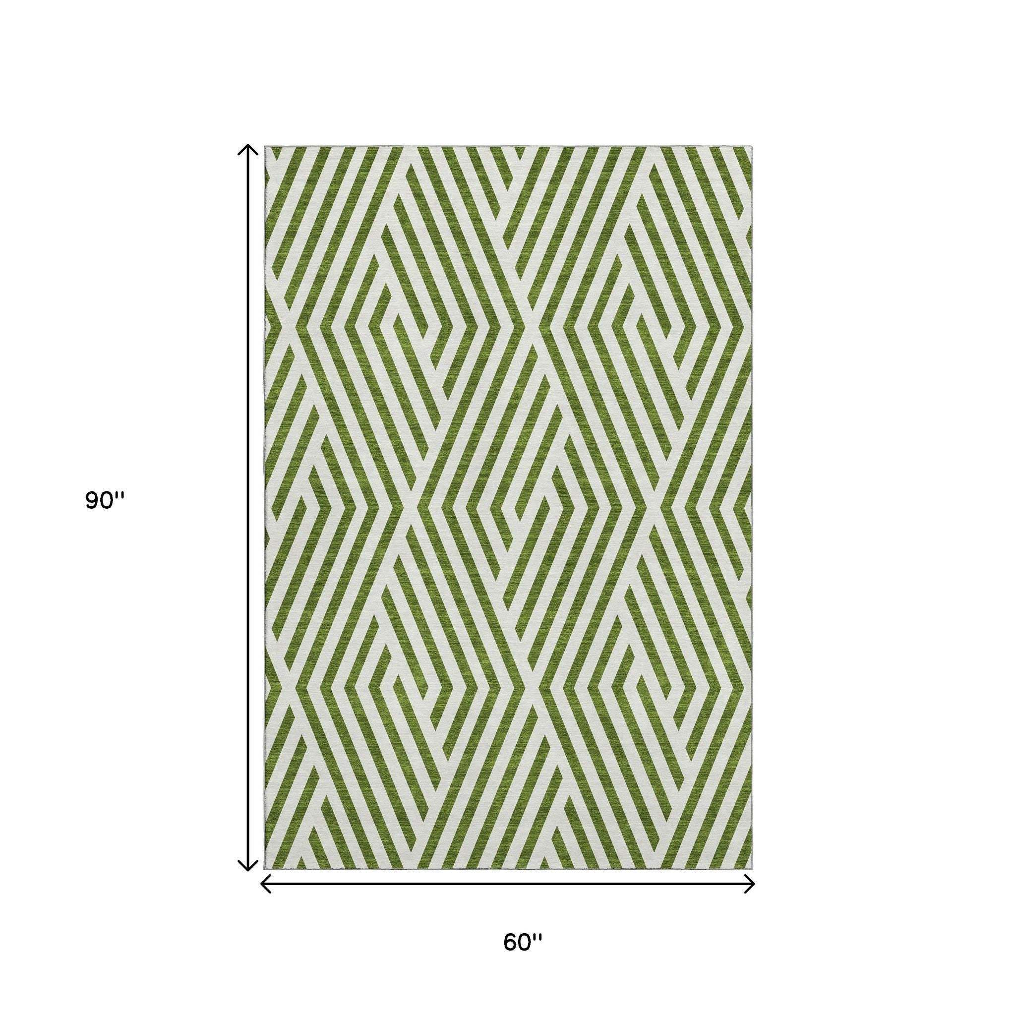5' X 8' Olive Green And Ivory Geometric Washable Area Rug With UV Protection - HomeRoots - Flyclothing LLC