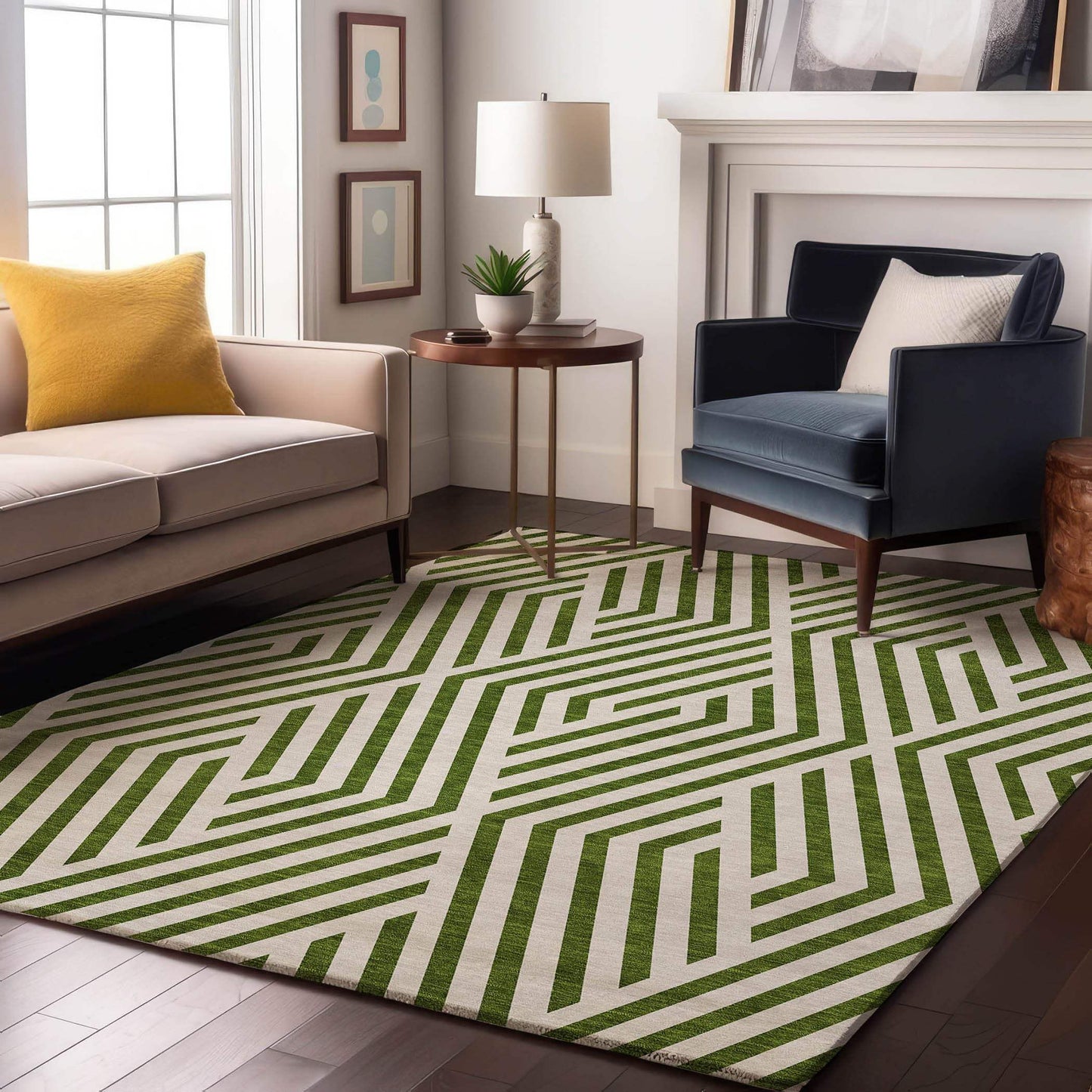 5' X 8' Olive Green And Ivory Geometric Washable Area Rug With UV Protection - HomeRoots - Flyclothing LLC