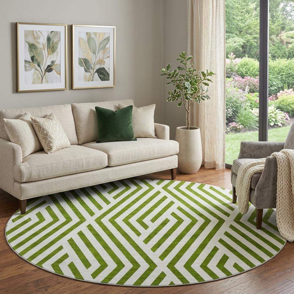 8' Olive Green And Ivory Geometric Washable Round Rug With UV Protection - HomeRoots - Flyclothing LLC