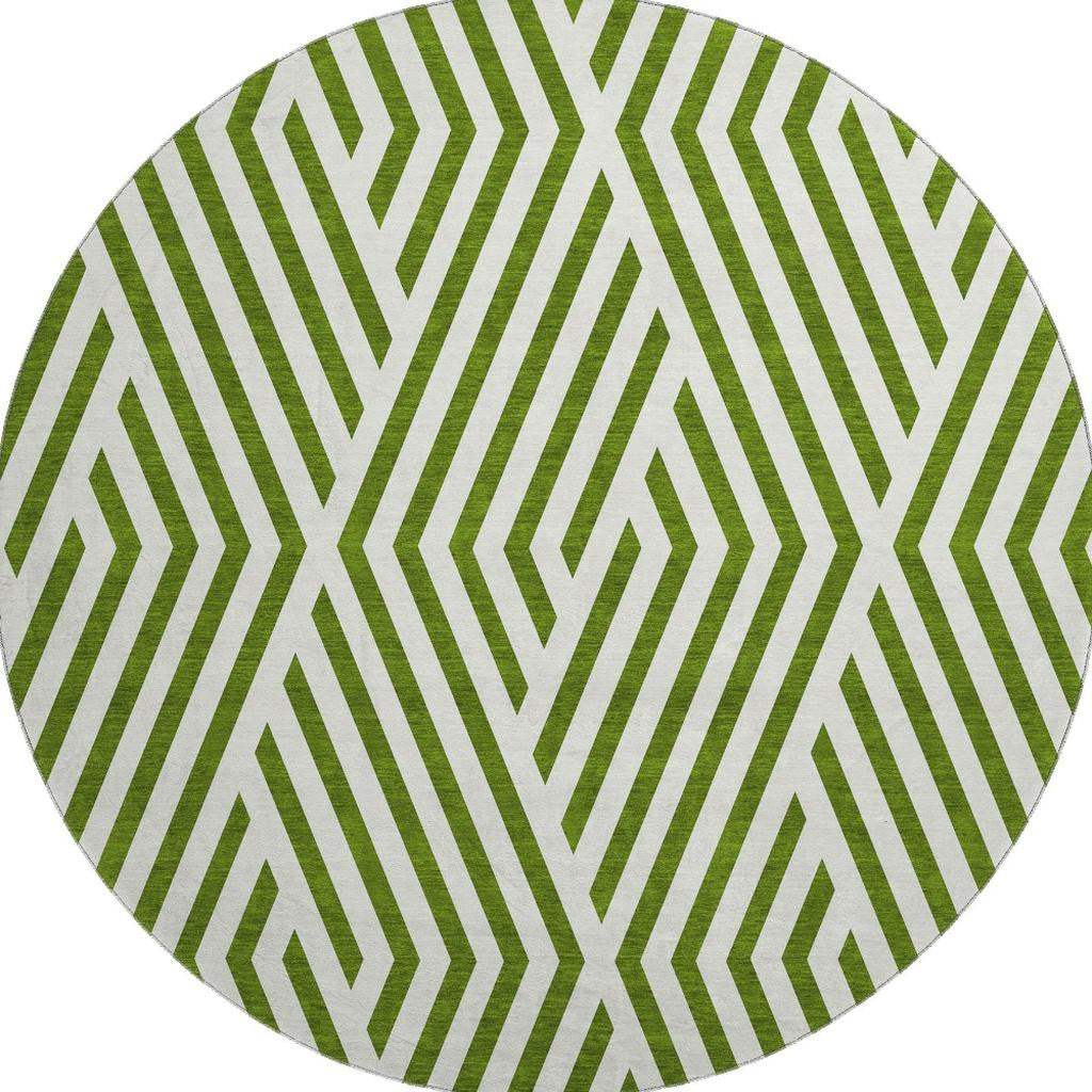 8' Olive Green And Ivory Geometric Washable Round Rug With UV Protection - HomeRoots - Flyclothing LLC