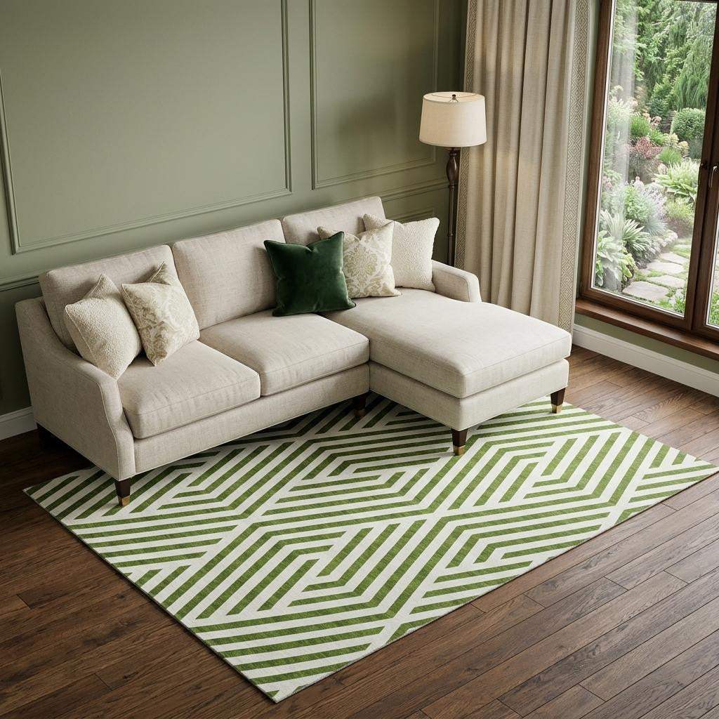 8' X 10' Olive Green And Ivory Geometric Washable Area Rug With UV Protection - HomeRoots - Flyclothing LLC
