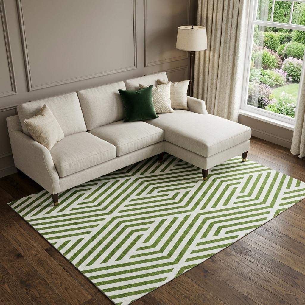 9' X 12' Olive Green And Ivory Geometric Washable Area Rug With UV Protection - HomeRoots - Flyclothing LLC