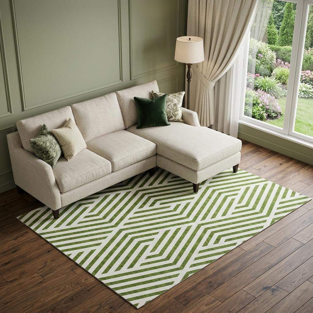 10' X 14' Olive Green And Ivory Geometric Washable Area Rug With UV Protection - HomeRoots - Flyclothing LLC