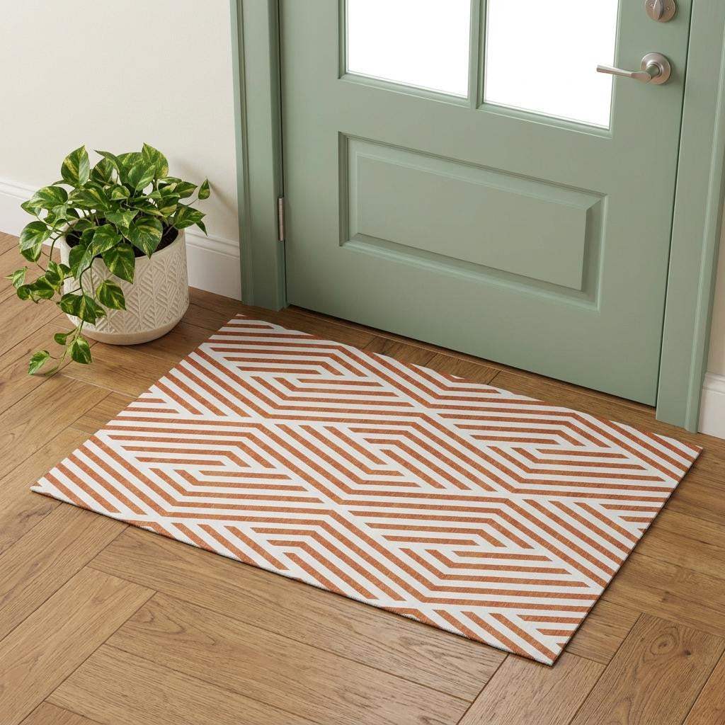 3' X 5' Rust And Ivory Geometric Washable Area Rug With UV Protection - HomeRoots - Flyclothing LLC