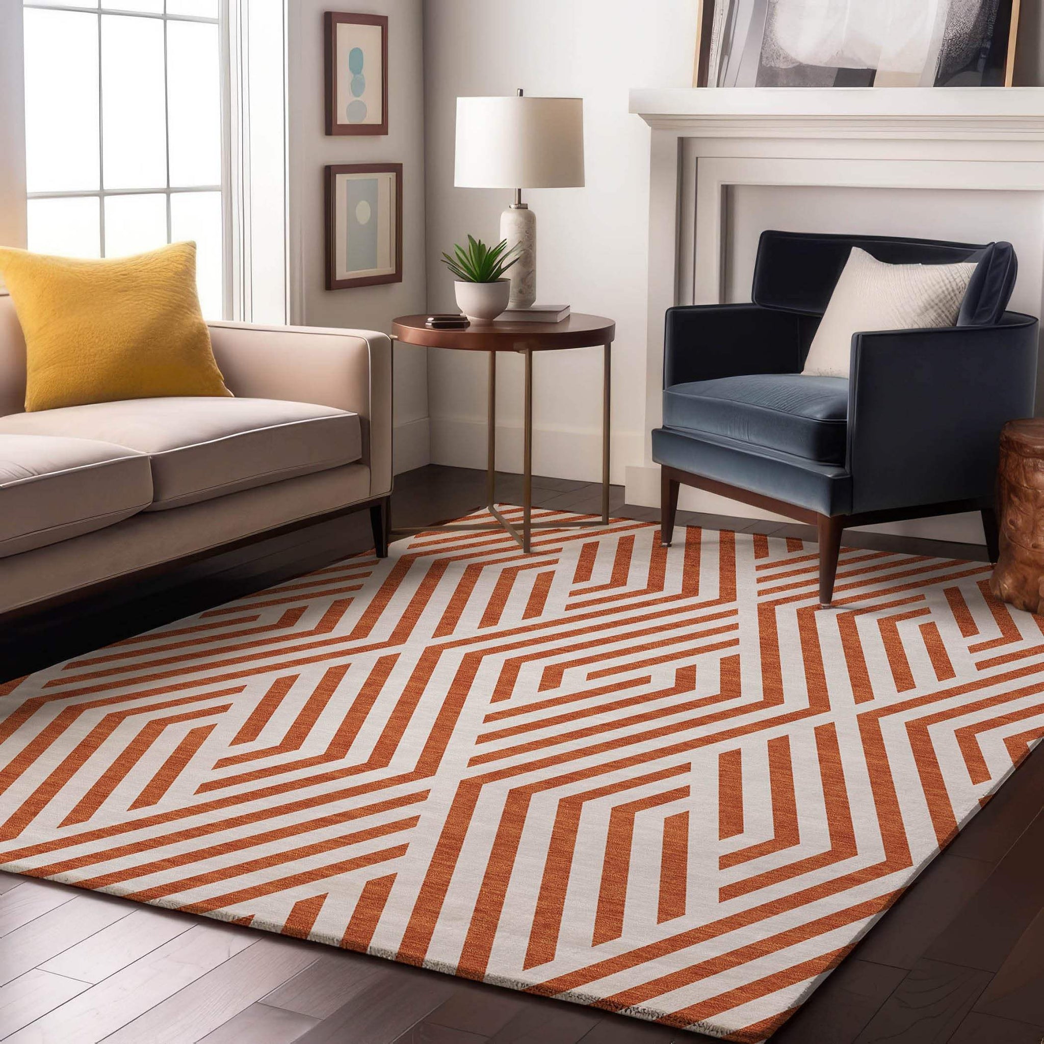 5' X 8' Rust And Ivory Geometric Washable Area Rug With UV Protection - HomeRoots - Flyclothing LLC