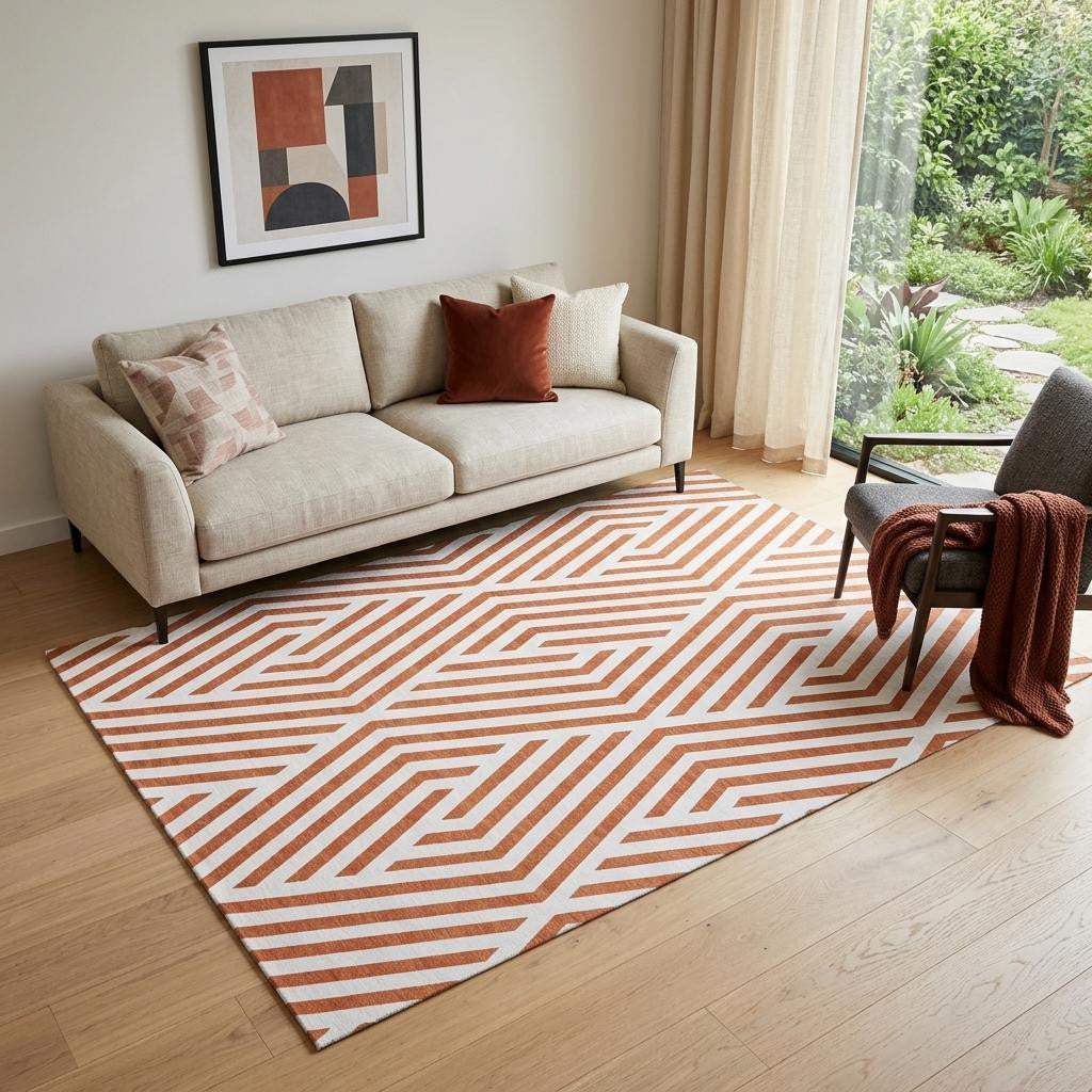 5' X 8' Rust And Ivory Geometric Washable Area Rug With UV Protection - HomeRoots - Flyclothing LLC