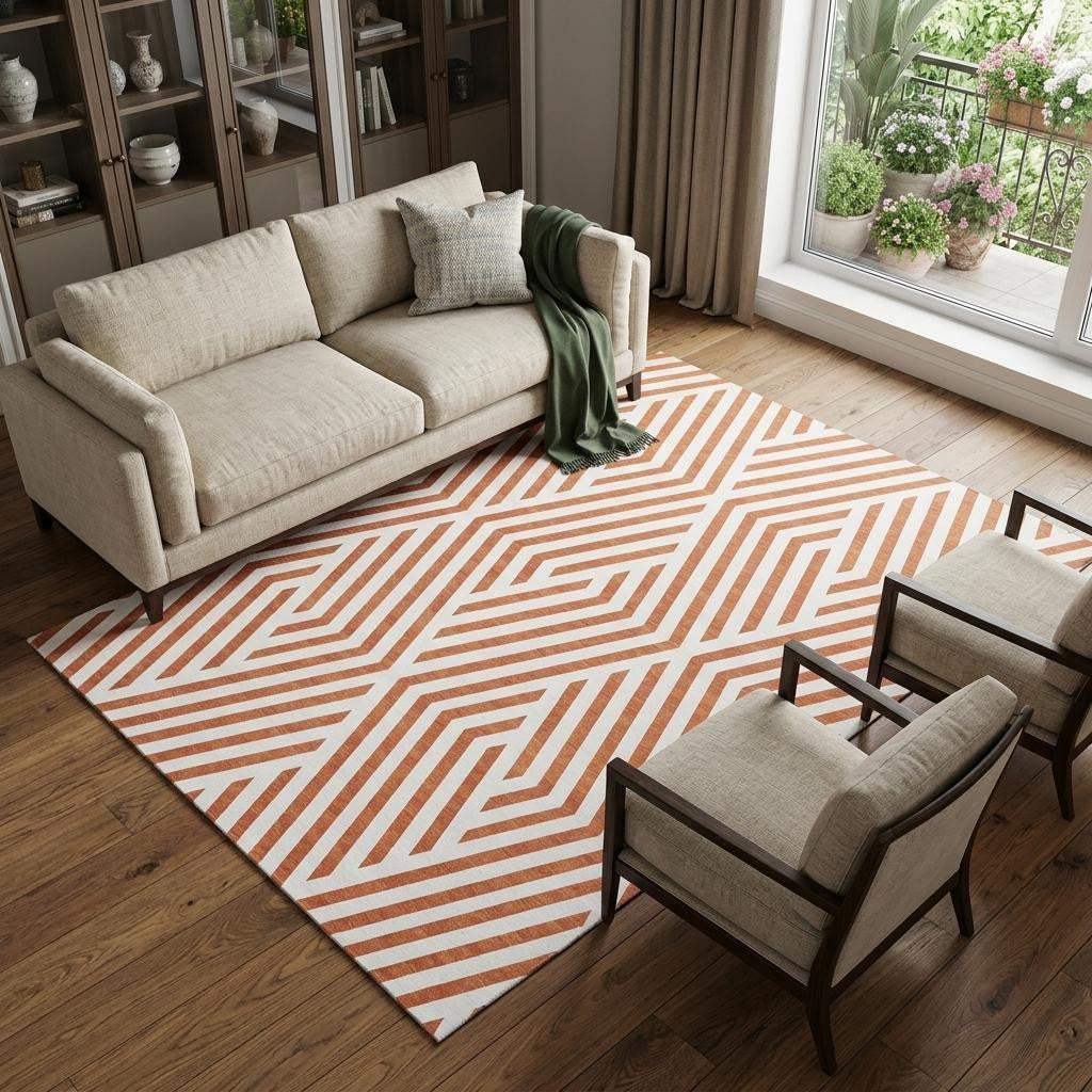 8' X 10' Rust And Ivory Geometric Washable Area Rug With UV Protection - HomeRoots - Flyclothing LLC