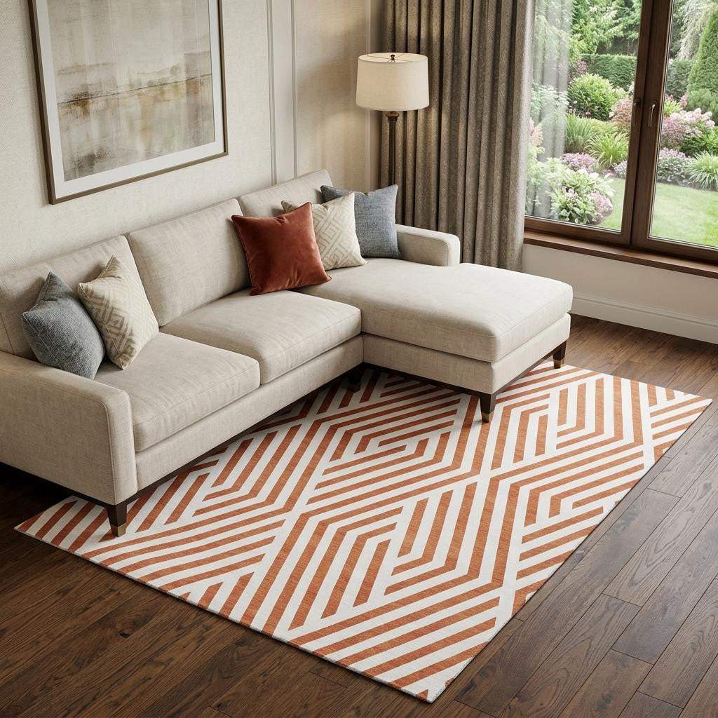 9' X 12' Rust And Ivory Geometric Washable Area Rug With UV Protection - HomeRoots - Flyclothing LLC