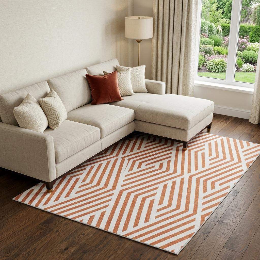 10' X 14' Rust And Ivory Geometric Washable Area Rug With UV Protection - HomeRoots - Flyclothing LLC