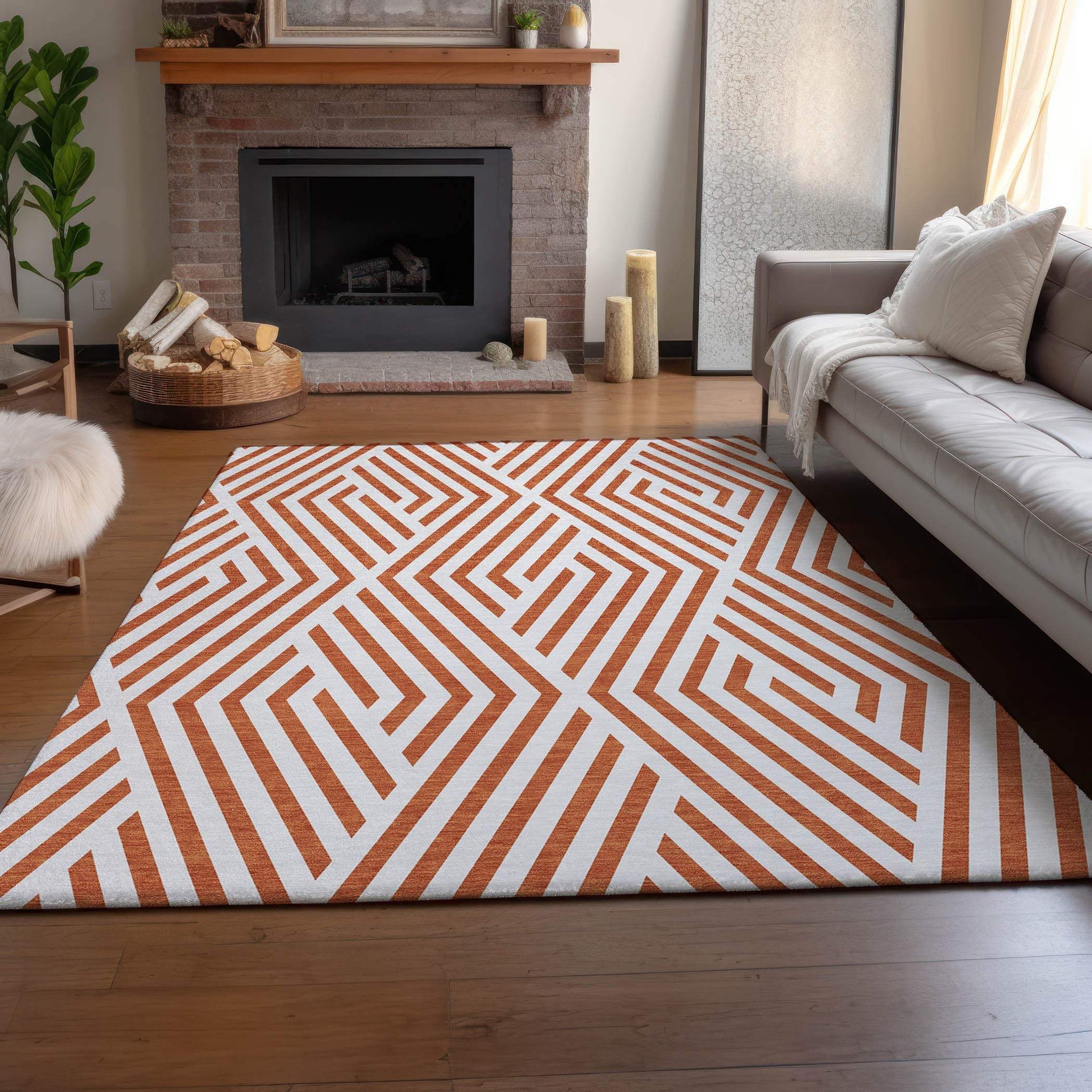 10' X 14' Rust And Ivory Geometric Washable Area Rug With UV Protection - HomeRoots - Flyclothing LLC