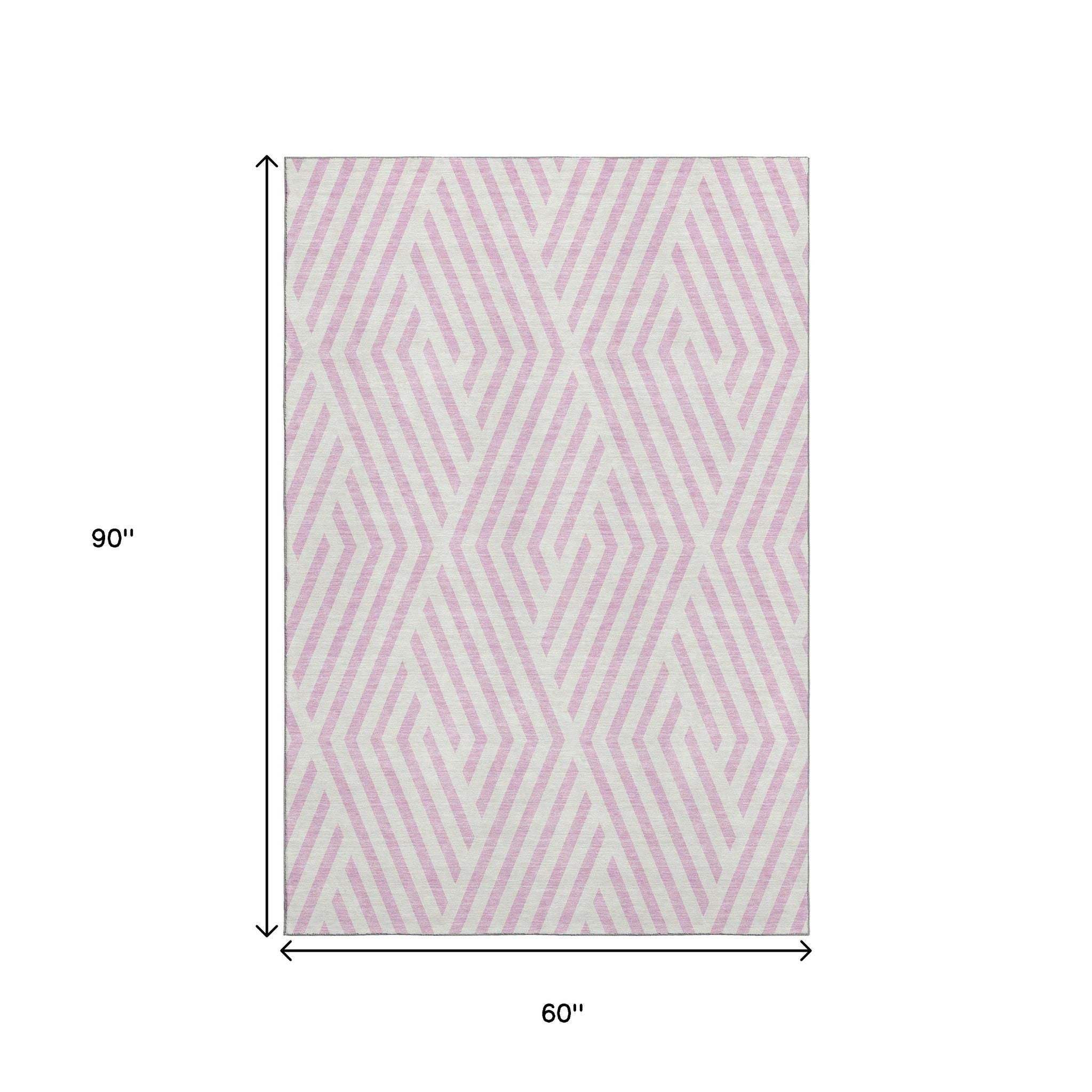 5' X 8' Pink And Ivory Geometric Washable Area Rug With UV Protection - HomeRoots - Flyclothing LLC