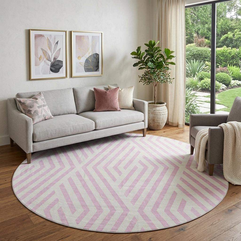 8' Pink And Ivory Geometric Washable Round Rug With UV Protection - HomeRoots - Flyclothing LLC