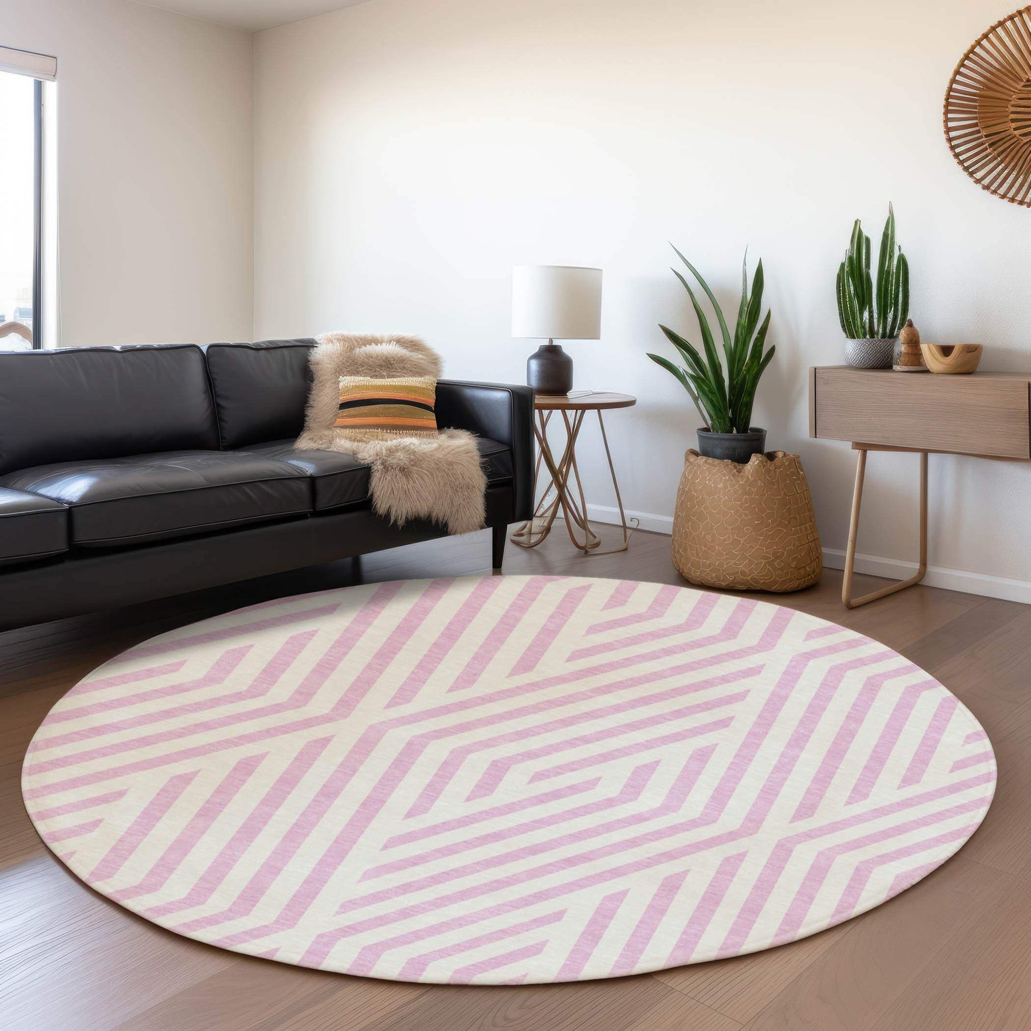 8' Pink And Ivory Geometric Washable Round Rug With UV Protection - HomeRoots - Flyclothing LLC