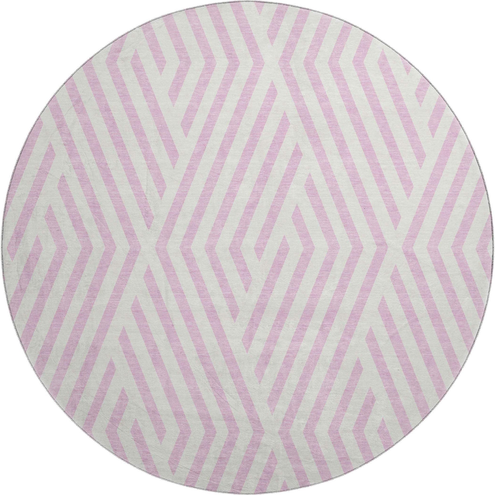 8' Pink And Ivory Geometric Washable Round Rug With UV Protection - HomeRoots - Flyclothing LLC