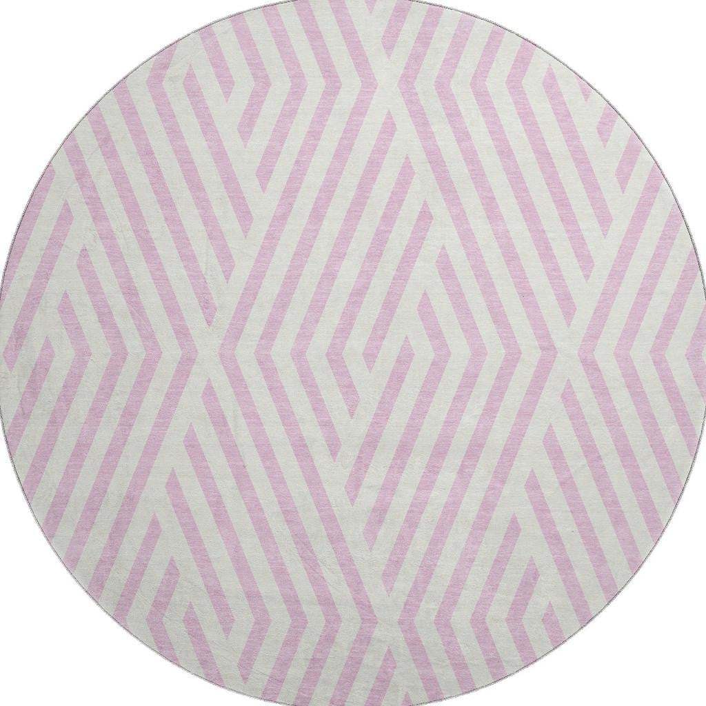 8' Pink And Ivory Geometric Washable Round Rug With UV Protection - HomeRoots - Flyclothing LLC