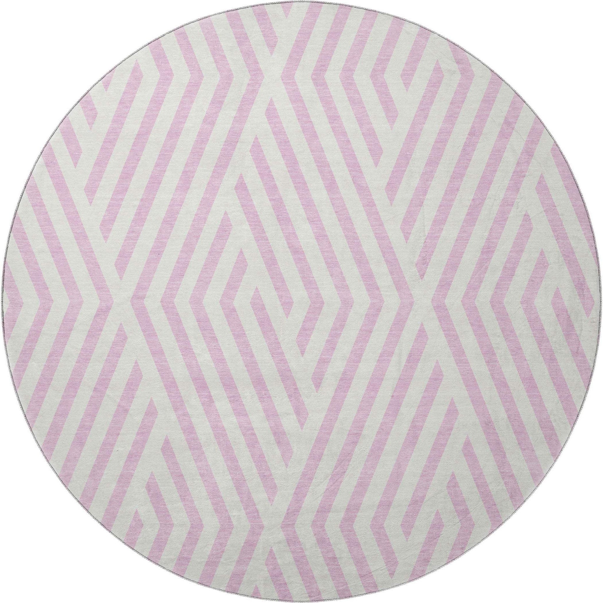 8' Pink And Ivory Geometric Washable Round Rug With UV Protection - HomeRoots - Flyclothing LLC