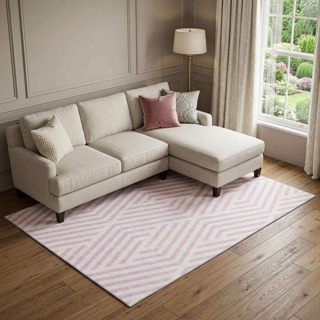 9' X 12' Pink And Ivory Geometric Washable Area Rug With UV Protection - HomeRoots - Flyclothing LLC