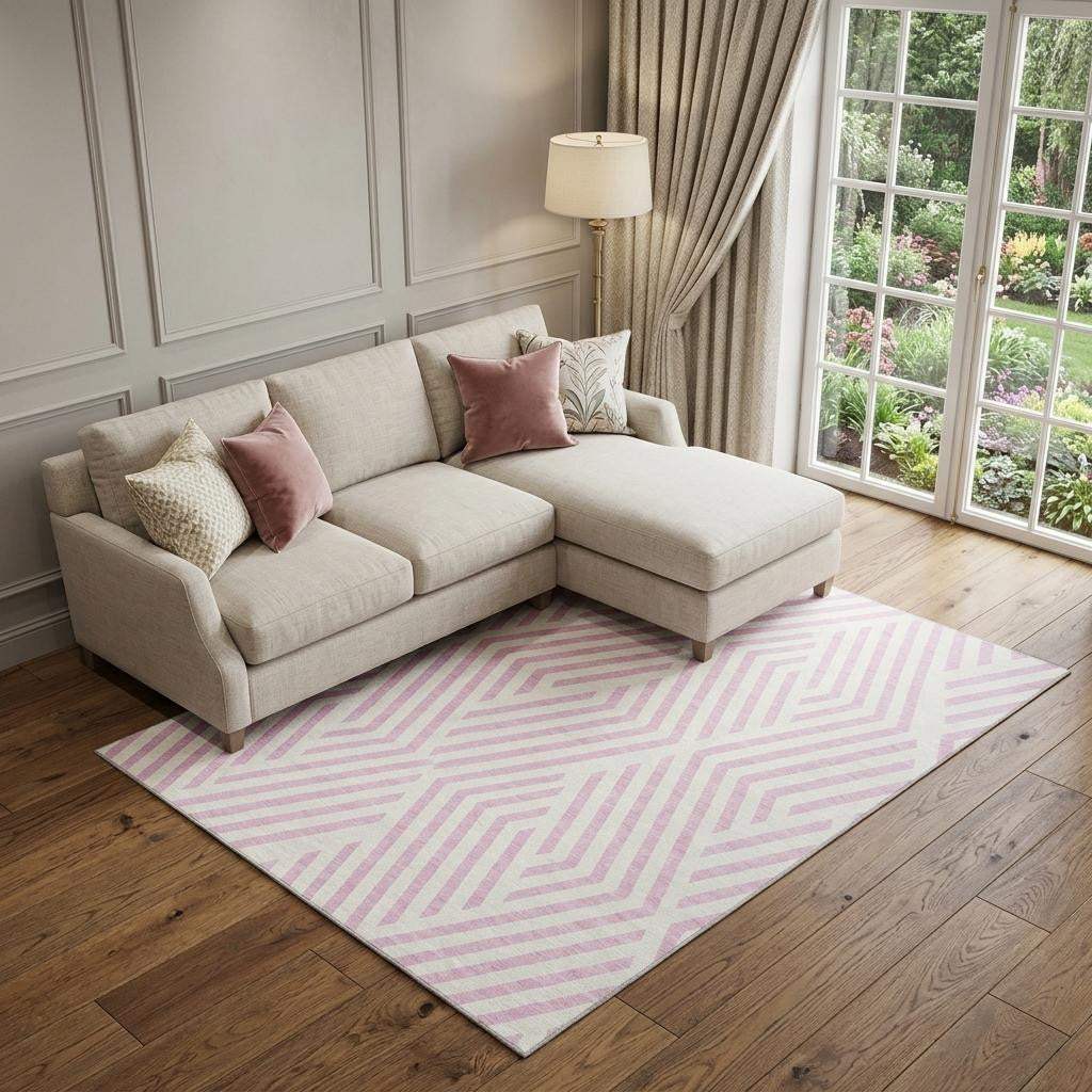10' X 14' Pink And Ivory Geometric Washable Area Rug With UV Protection - HomeRoots - Flyclothing LLC