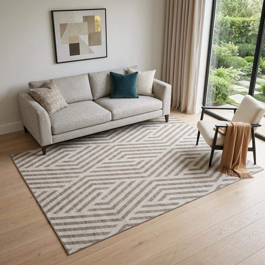 5' X 8' Taupe And Ivory Geometric Washable Area Rug With UV Protection - HomeRoots - Flyclothing LLC