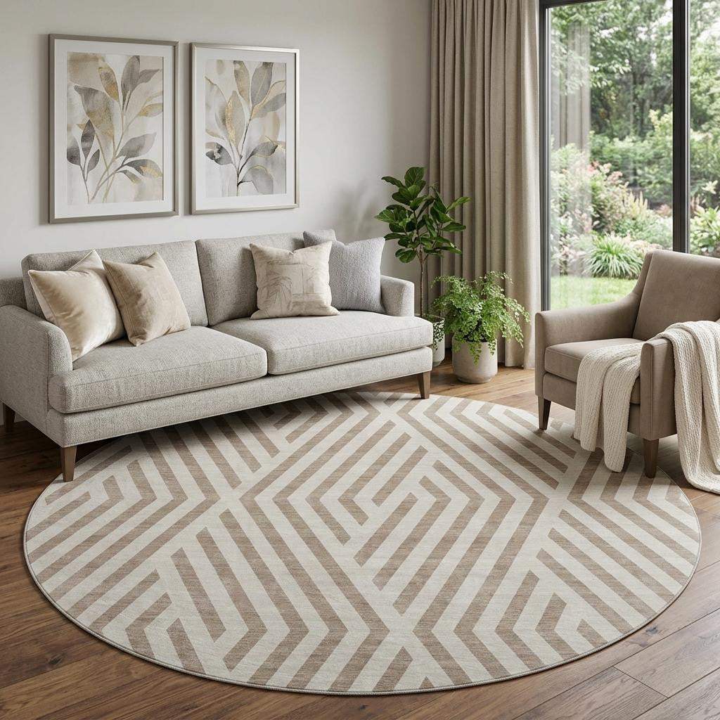 8' Taupe And Ivory Geometric Washable Round Rug With UV Protection - HomeRoots - Flyclothing LLC
