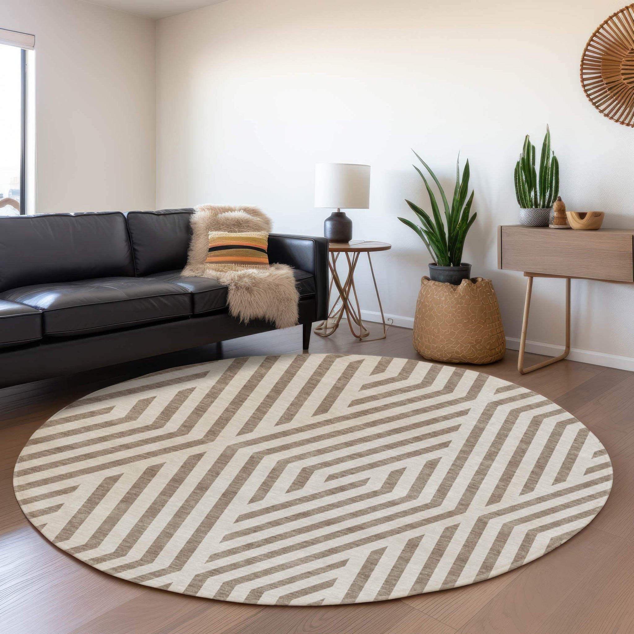 8' Taupe And Ivory Geometric Washable Round Rug With UV Protection - HomeRoots - Flyclothing LLC