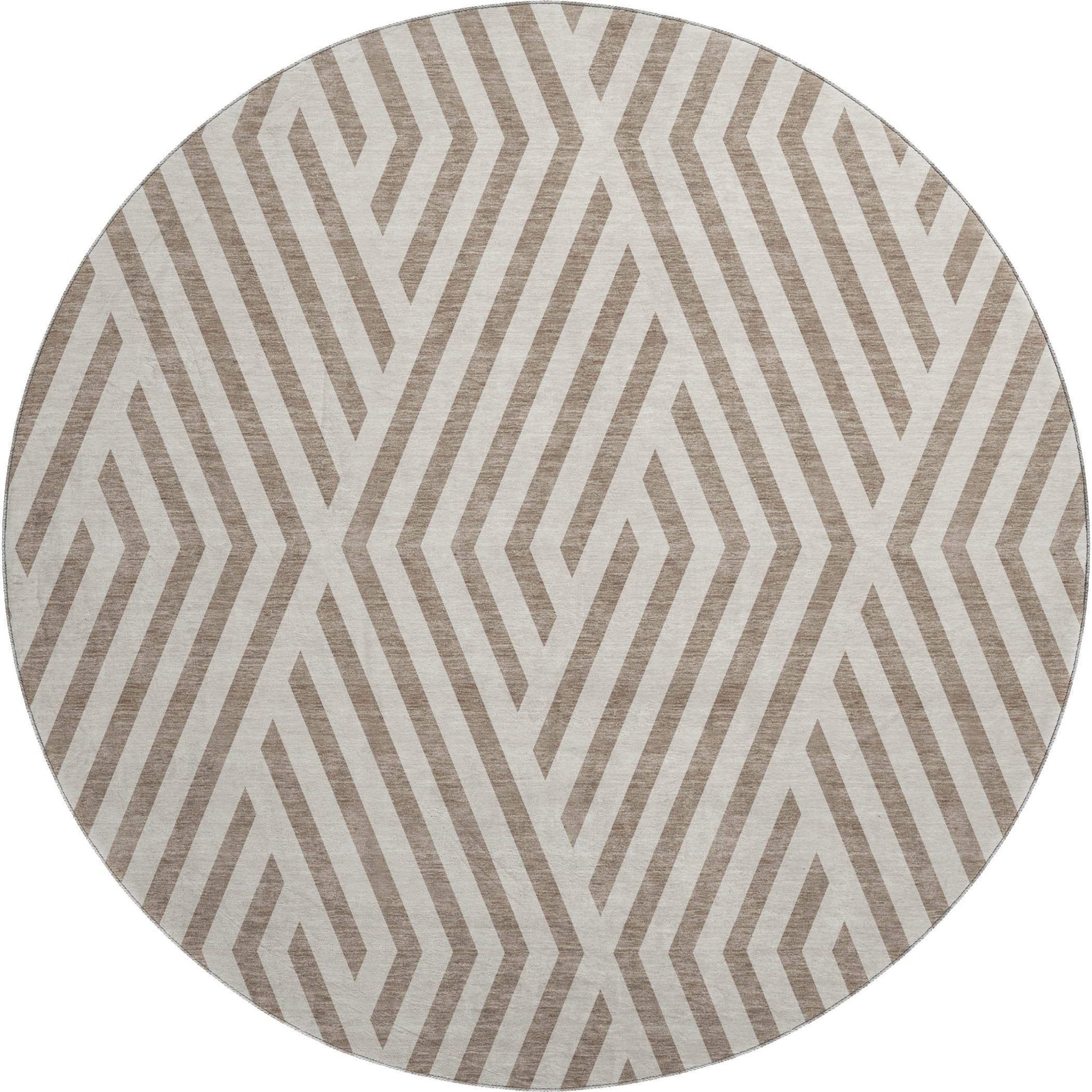 8' Taupe And Ivory Geometric Washable Round Rug With UV Protection - HomeRoots - Flyclothing LLC