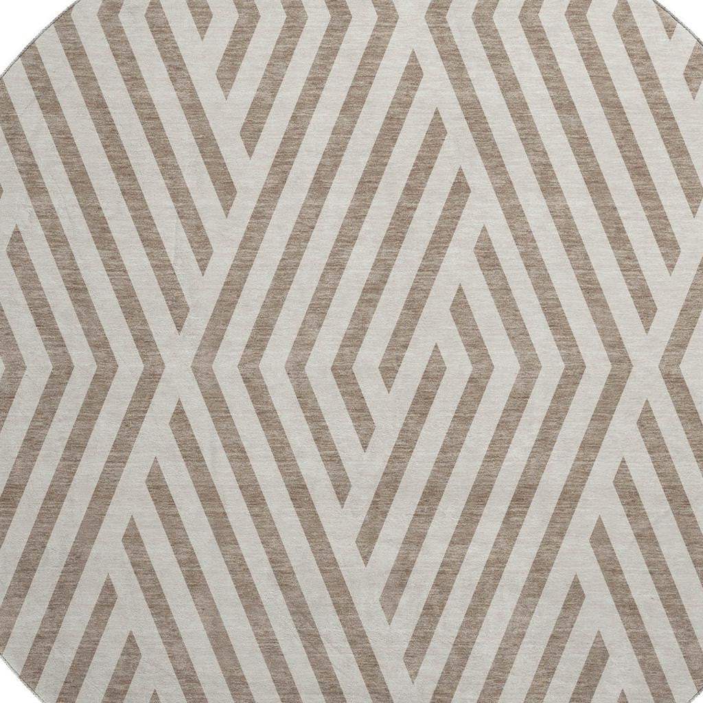 8' Taupe And Ivory Geometric Washable Round Rug With UV Protection - HomeRoots - Flyclothing LLC