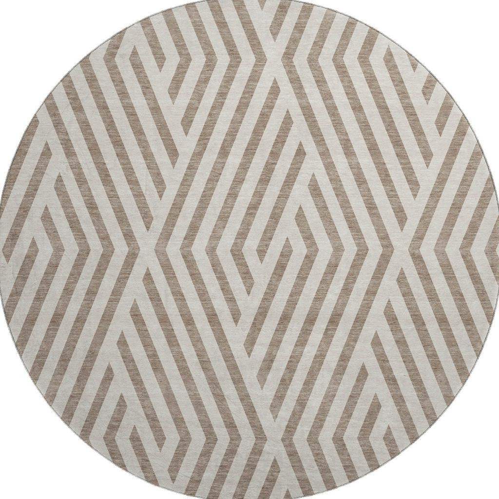 8' Taupe And Ivory Geometric Washable Round Rug With UV Protection - HomeRoots - Flyclothing LLC
