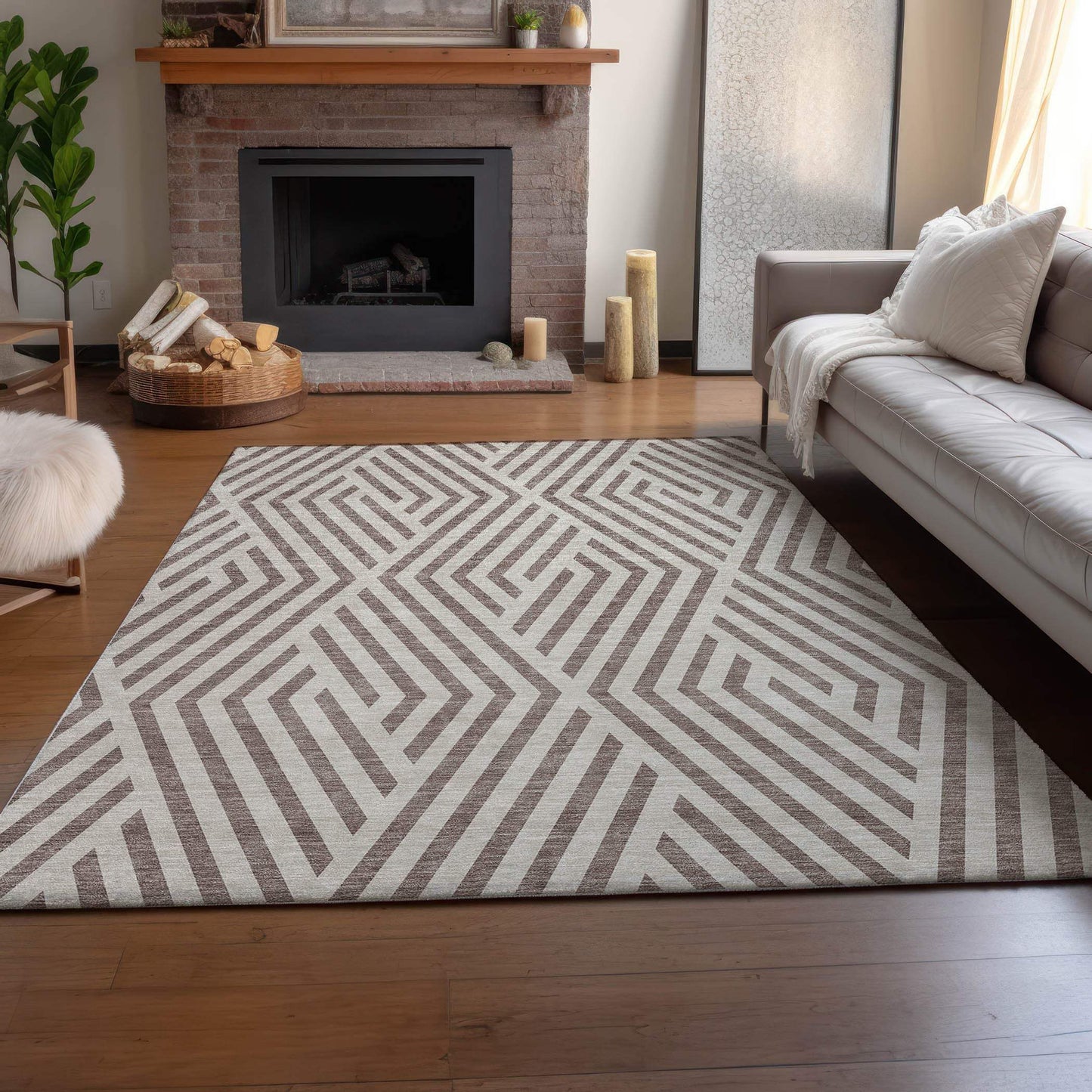 8' X 10' Taupe And Ivory Geometric Washable Area Rug With UV Protection - HomeRoots - Flyclothing LLC