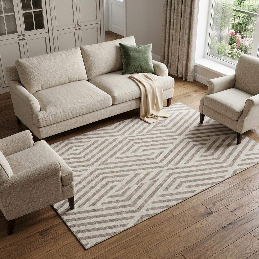 9' X 12' Taupe And Ivory Geometric Washable Area Rug With UV Protection - HomeRoots - Flyclothing LLC