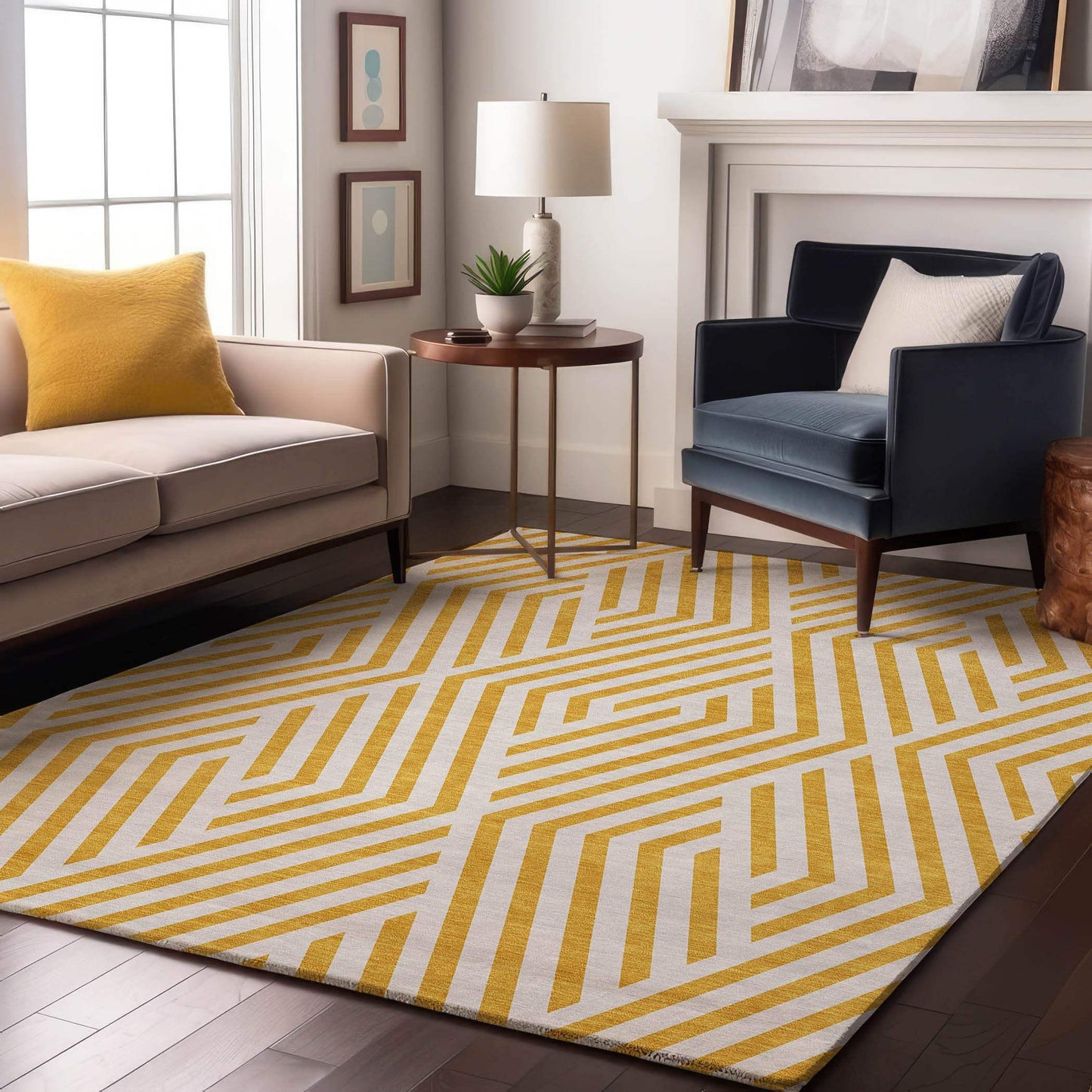 5' X 8' Yellow And Ivory Geometric Washable Area Rug With UV Protection - HomeRoots - Flyclothing LLC
