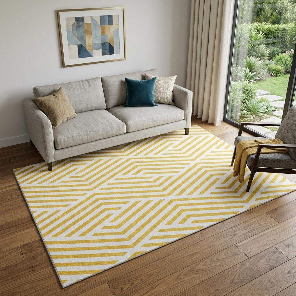 5' X 8' Yellow And Ivory Geometric Washable Area Rug With UV Protection - HomeRoots - Flyclothing LLC