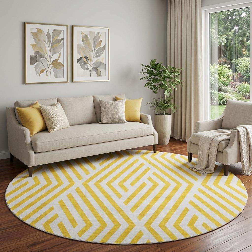 8' Yellow And Ivory Geometric Washable Round Rug With UV Protection - HomeRoots - Flyclothing LLC