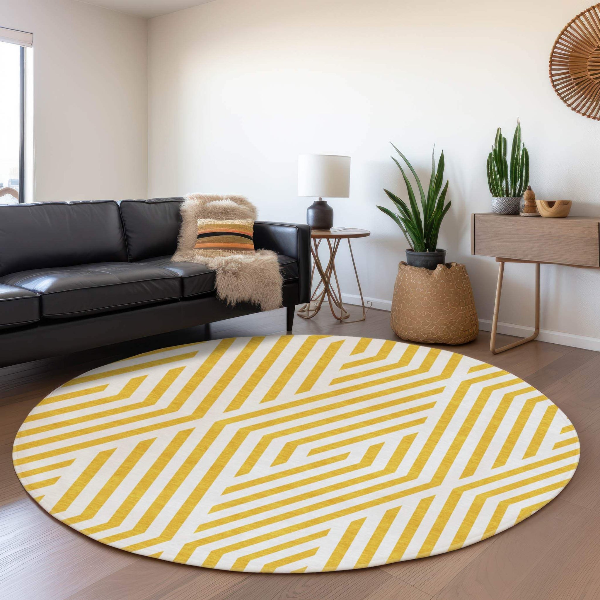 8' Yellow And Ivory Geometric Washable Round Rug With UV Protection - HomeRoots - Flyclothing LLC