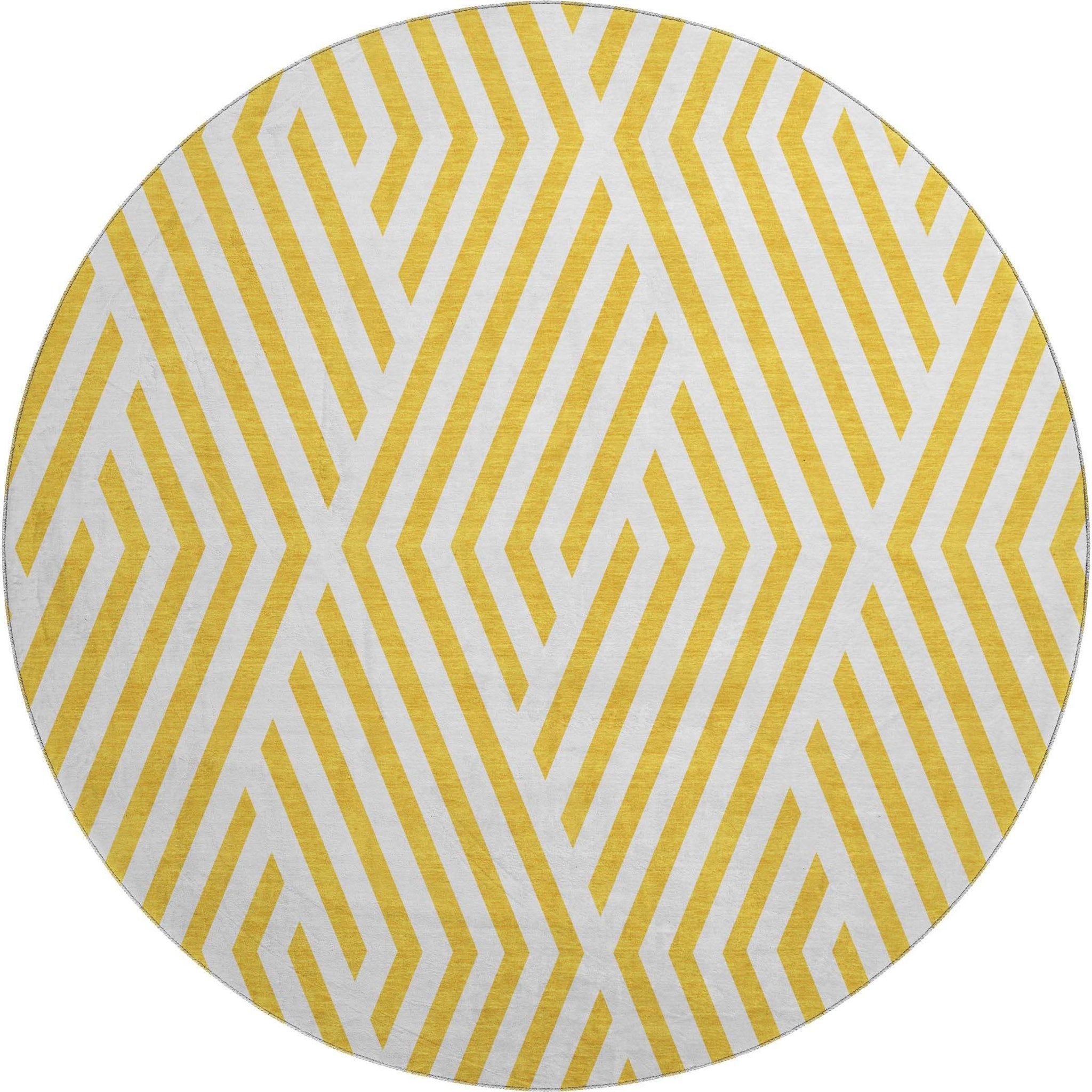 8' Yellow And Ivory Geometric Washable Round Rug With UV Protection - HomeRoots - Flyclothing LLC