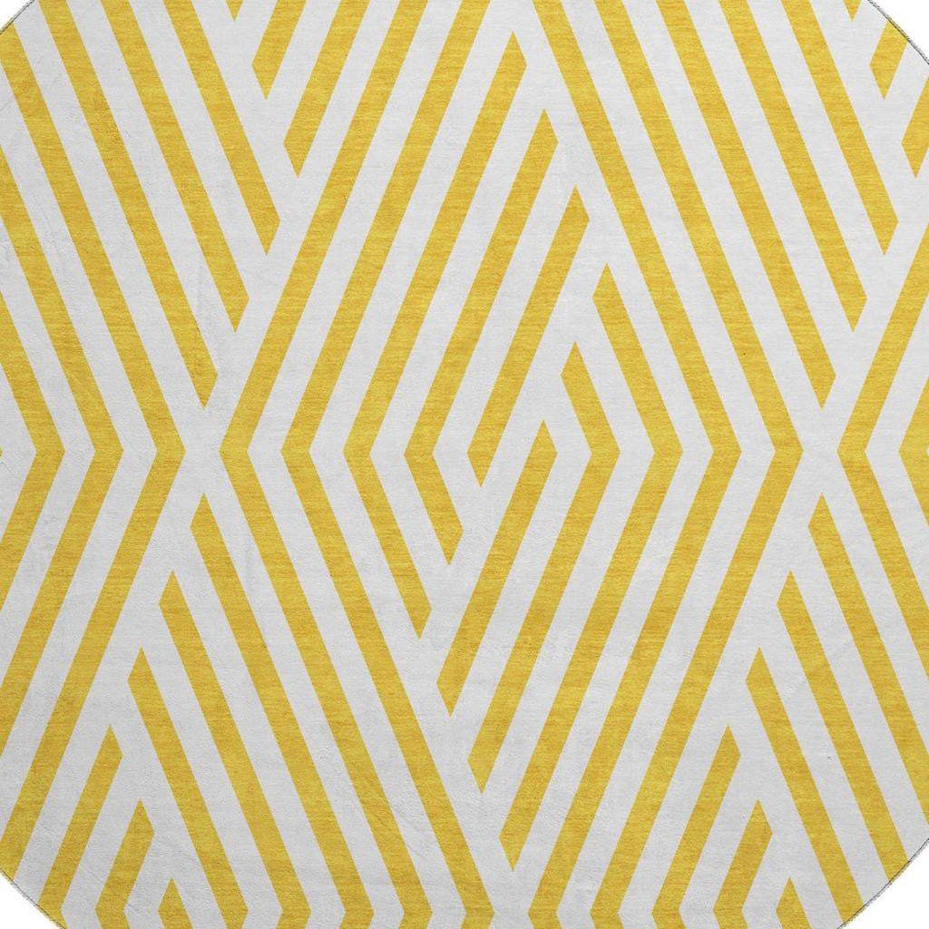 8' Yellow And Ivory Geometric Washable Round Rug With UV Protection - HomeRoots - Flyclothing LLC