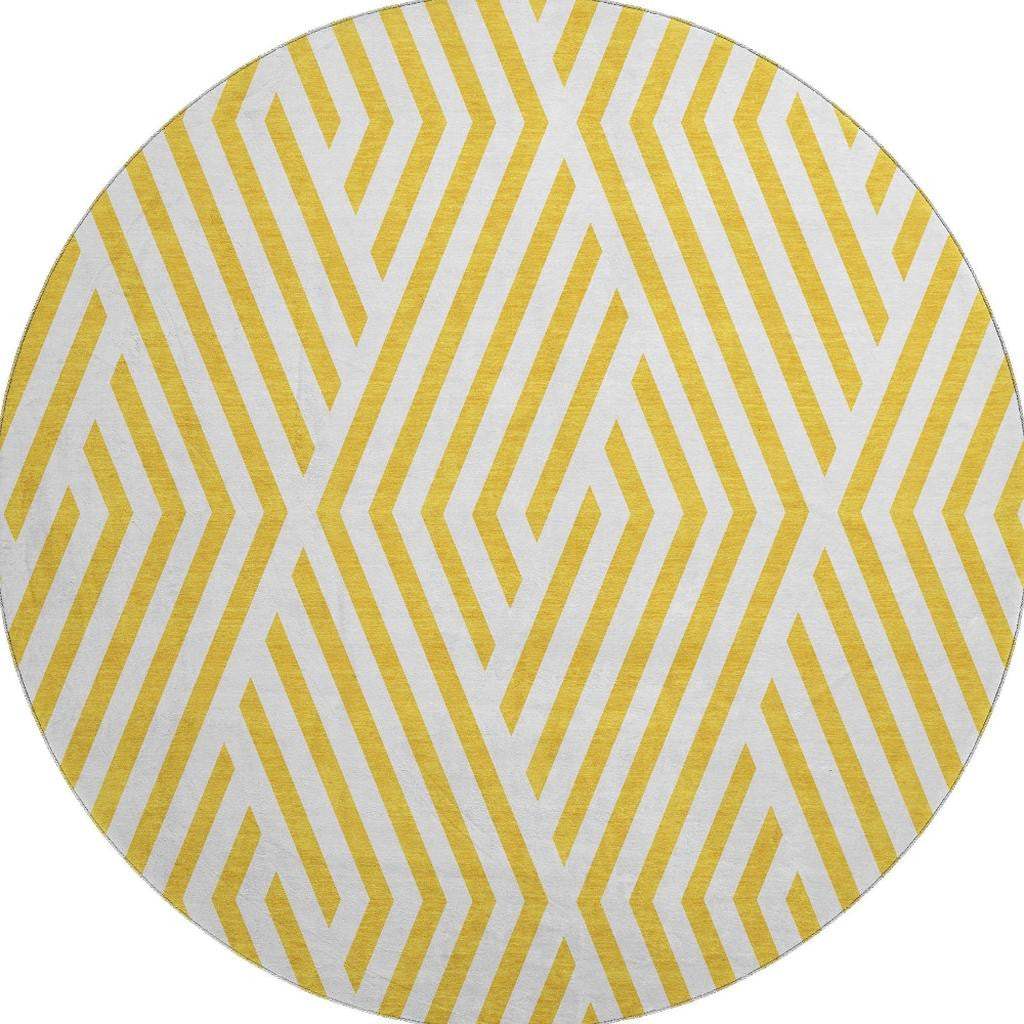 8' Yellow And Ivory Geometric Washable Round Rug With UV Protection - HomeRoots - Flyclothing LLC