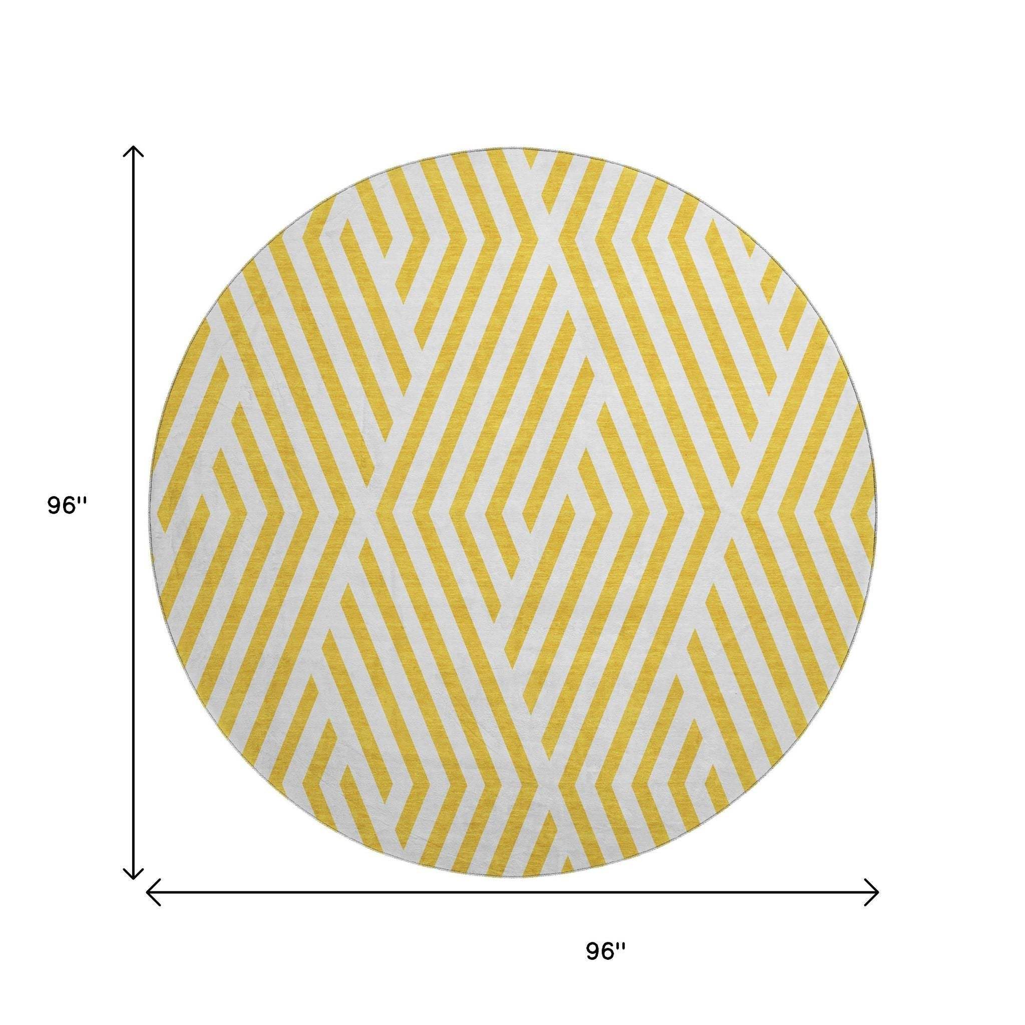 8' Yellow And Ivory Geometric Washable Round Rug With UV Protection - HomeRoots - Flyclothing LLC