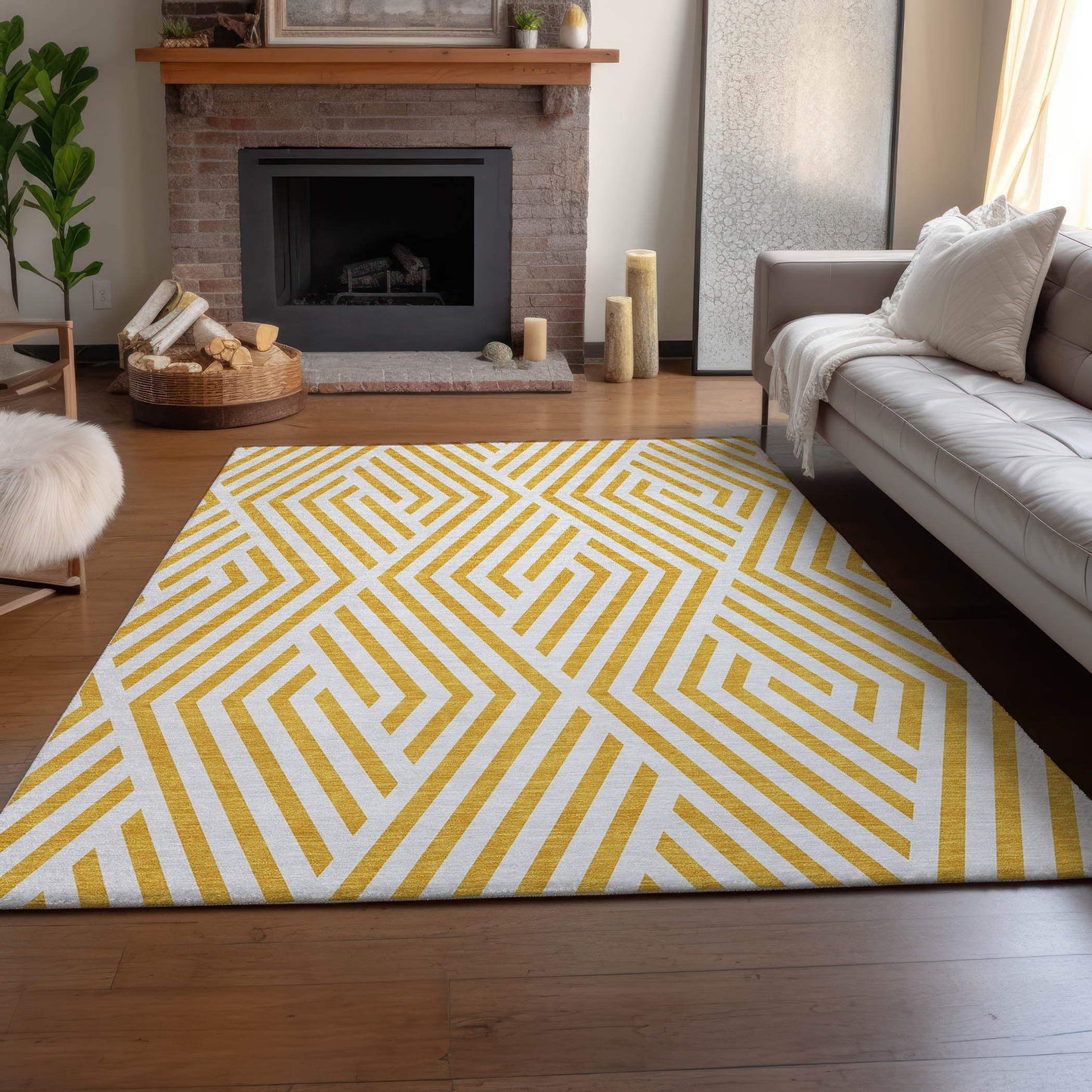 9' X 12' Yellow And Ivory Geometric Washable Area Rug With UV Protection - HomeRoots - Flyclothing LLC