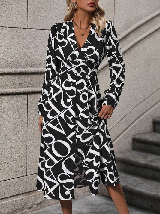 Printed V-Neck Long Sleeve Midi Dress - Trendsi - Flyclothing LLC