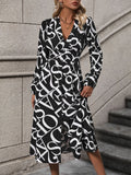 Printed V-Neck Long Sleeve Midi Dress - Trendsi