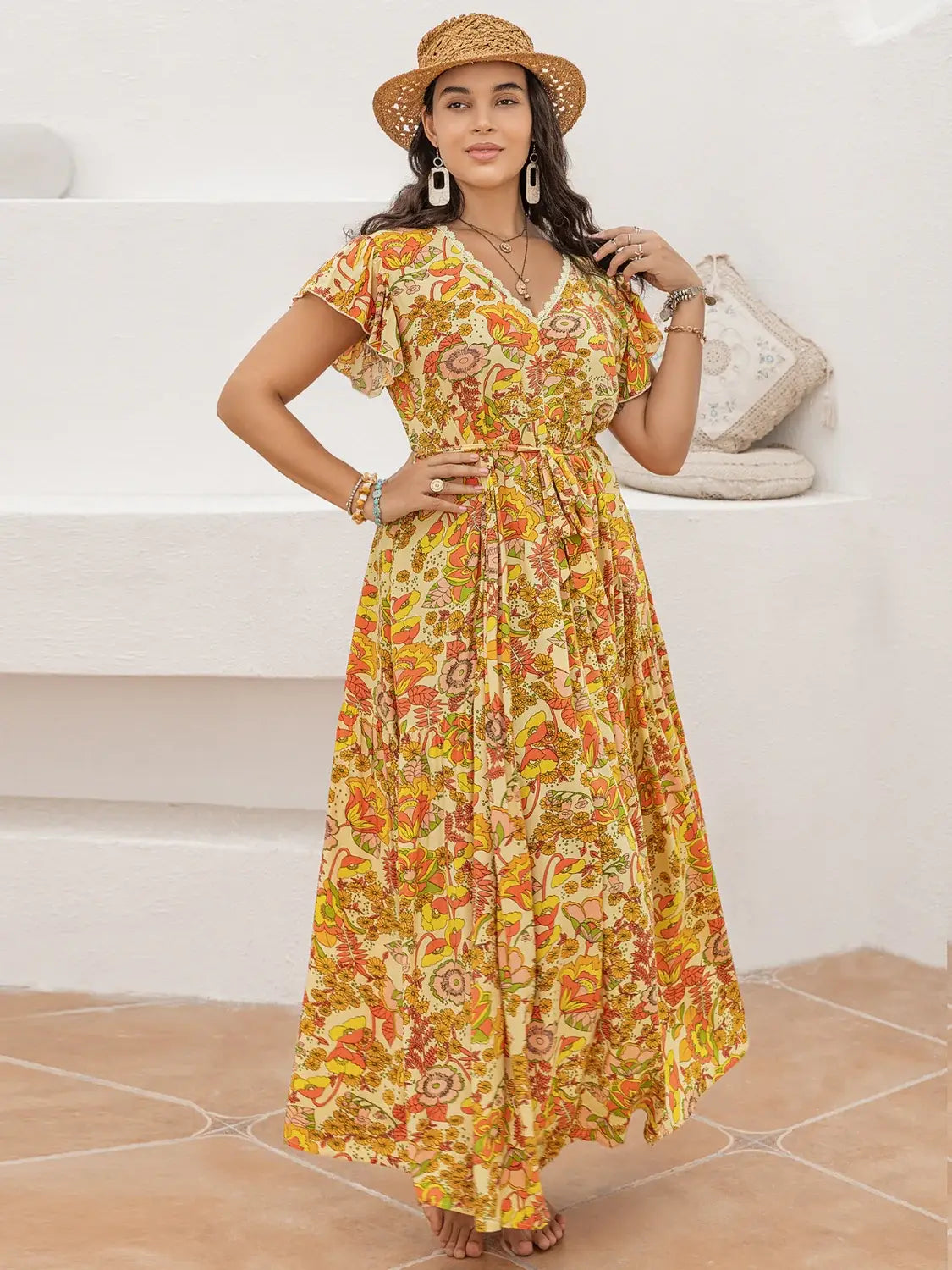 Plus Size Printed V-Neck Flutter Sleeve Tie Waist Maxi Dress - Trendsi - Flyclothing LLC